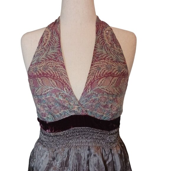 Hale Bob Silk Embellished Halter Crinkle Mini Dress in Gray & Pink Multi, Size M - Picture 3 of 16